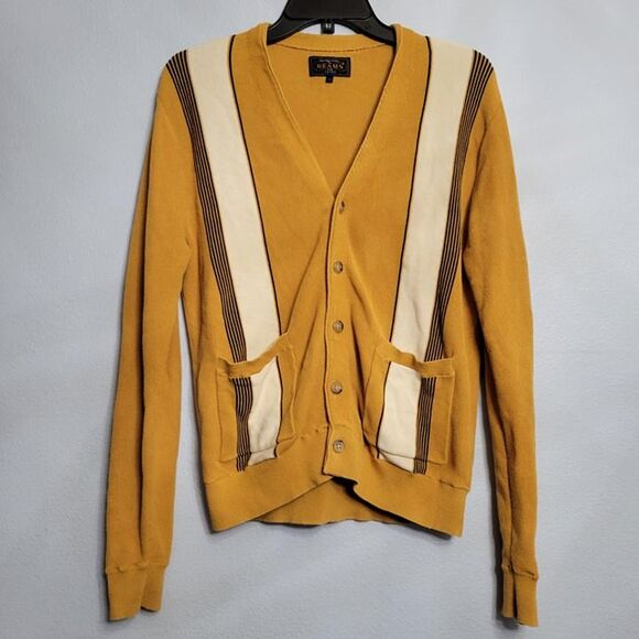 BEAMS PLUS Striped Cotton Cardigan Sweater Mustard Yellow Size Small - Picture 1 of 4